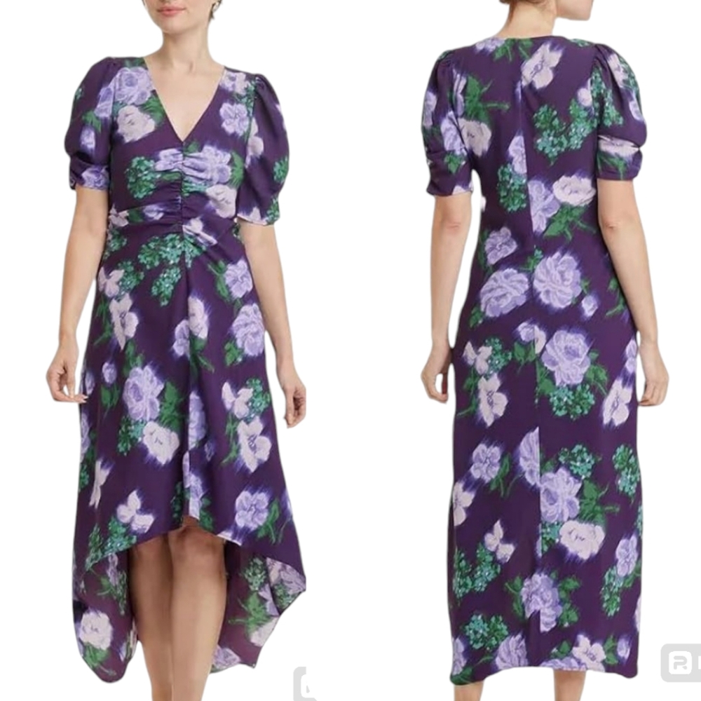 NWT A New Day Size Medium Purple Floral Puffed Sleeve Ruched High-Low Midi Dress